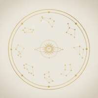 Illustration astrologique minimaliste nude et dorée avec cercle céleste, constellations en points dorés et symbole solaire.